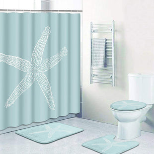 Beach Shell Printed Shower Curtain Carpet Bathroom Mat Four Piece Set