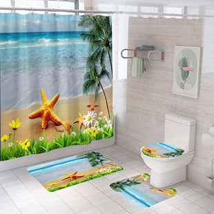 Beach Shell Printed Shower Curtain Carpet Bathroom Mat Four Piece Set